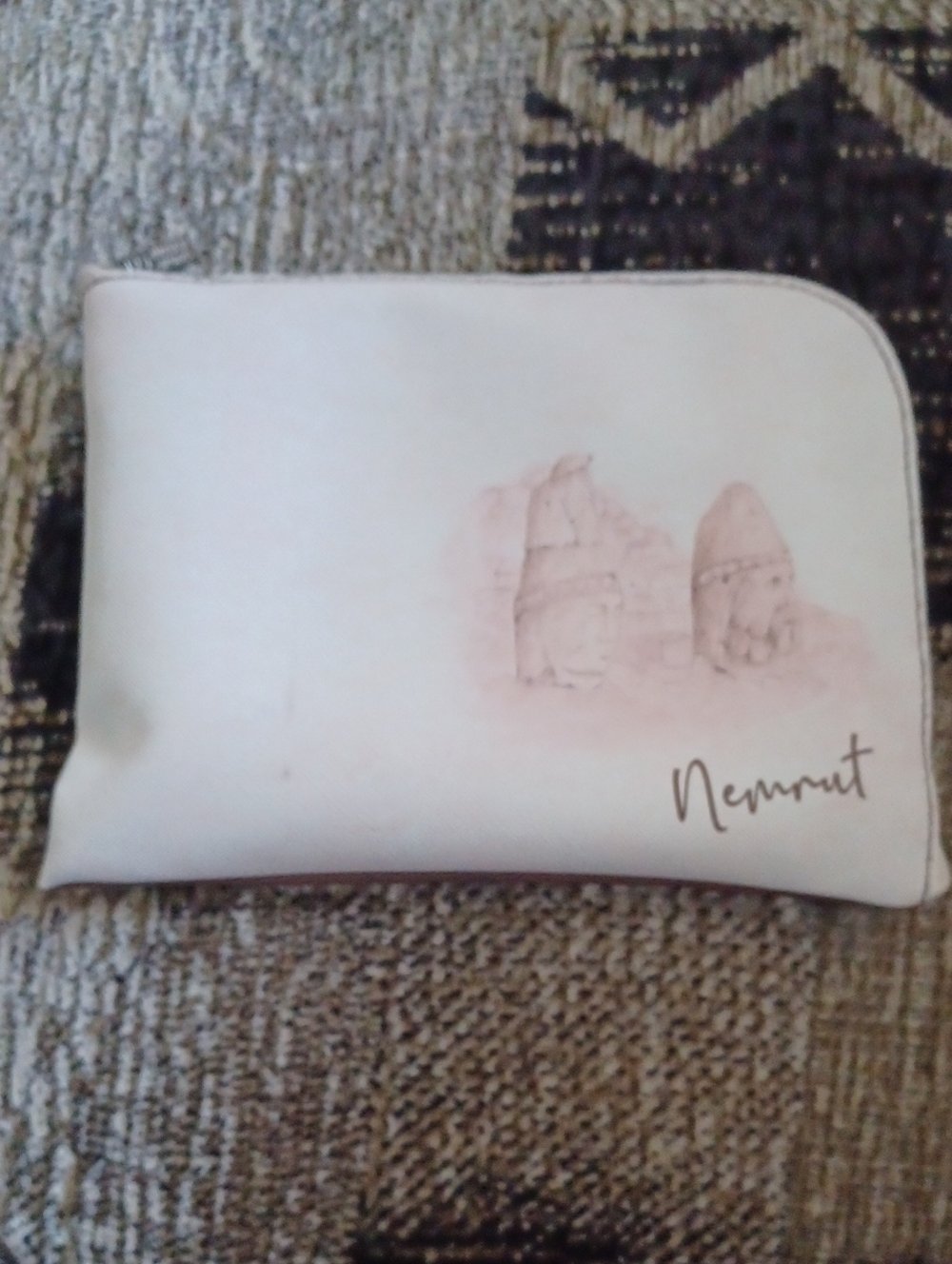 4/$40 New Cream & Brown Cosmetic Pouch with Pink Sketch and "Nemrut" Script